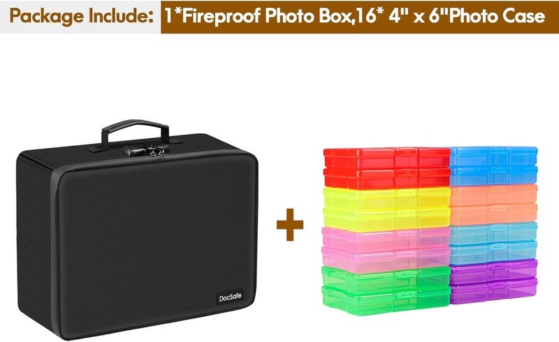 DocSafe Photo Storage Box with Lock,Fireproof Photo Organizer Box with 16 Inner 4" x 6" Photo Case(Multi-Colored),Collapsible Portable Photo Filing Safe Storage with Water-Resistant Zipper for Photos - Image 2